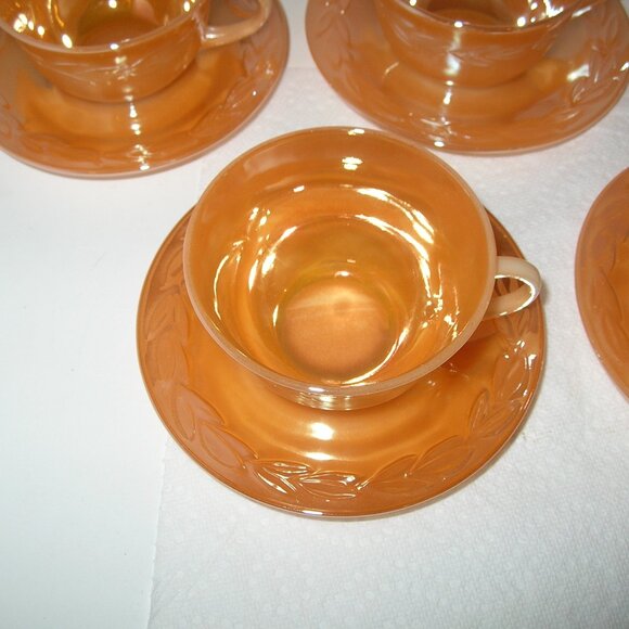 5 ~ Vintage CUPS & SAUCERS Fire King Peach Luster Laurel Leaf Oven Ware USA D - Picture 3 of 5
